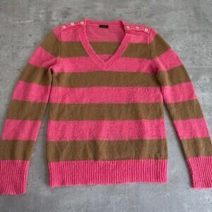 J.crew striped pink and tan mohair wool vneck sweater button detail